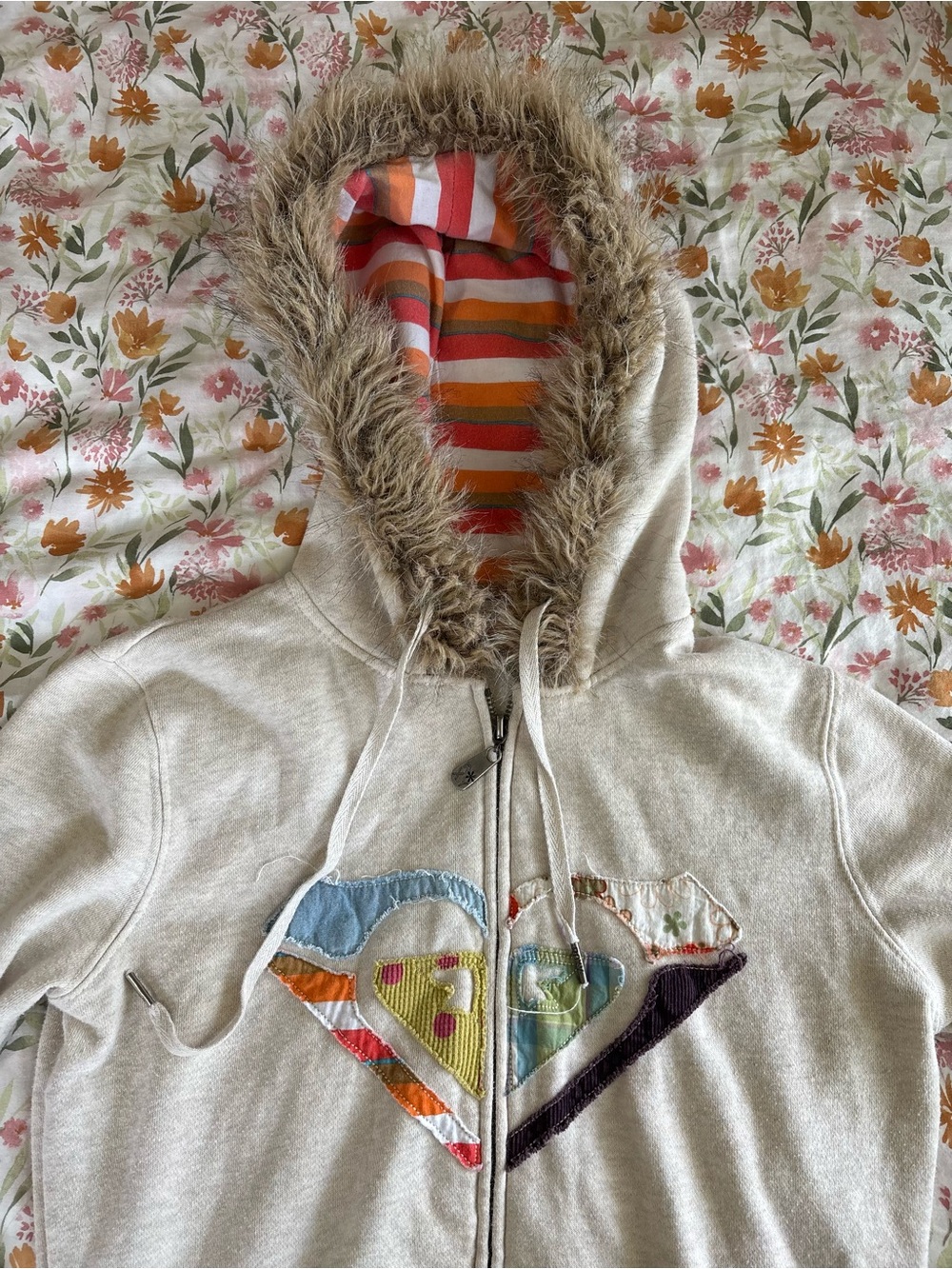 Roxy Y2K Colorful Patchwork Zip Up Jacket Size M Faux Fur Vibrant Surfer Skater - Picture 5 of 9